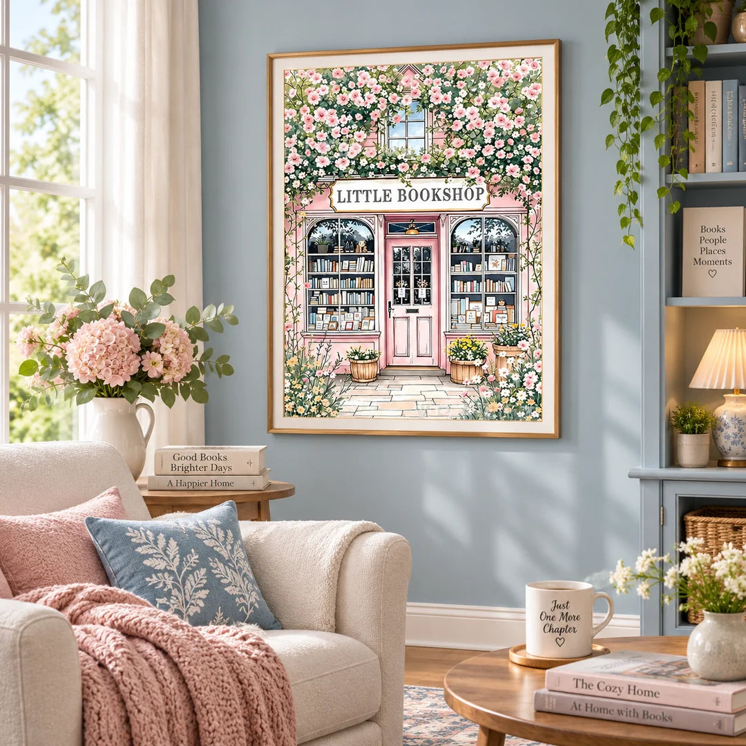 Little bookshop diamond painting displayed in a cozy reading room