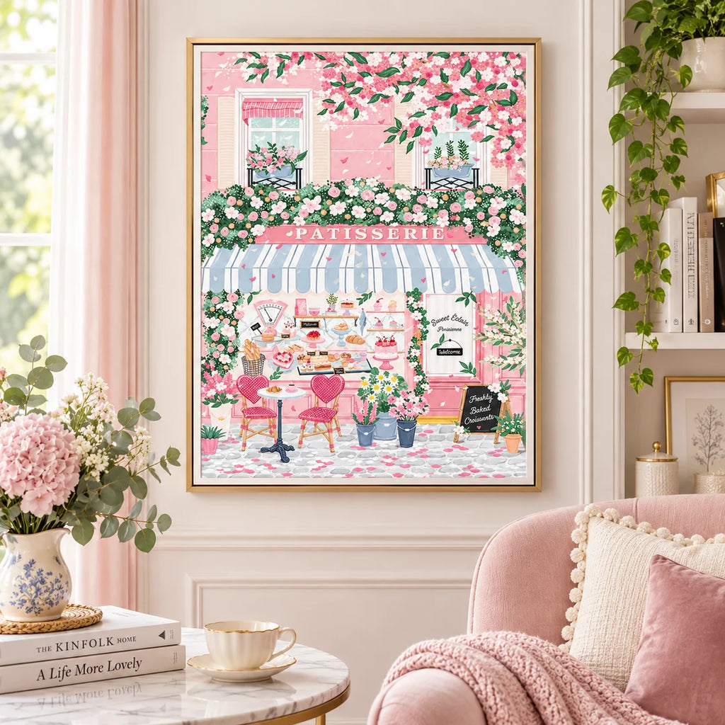 Floral patisserie diamond painting displayed in a cozy pink room