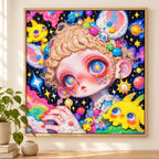 The peach star bunny girl diamond painting displayed as framed wall decor in a home setting