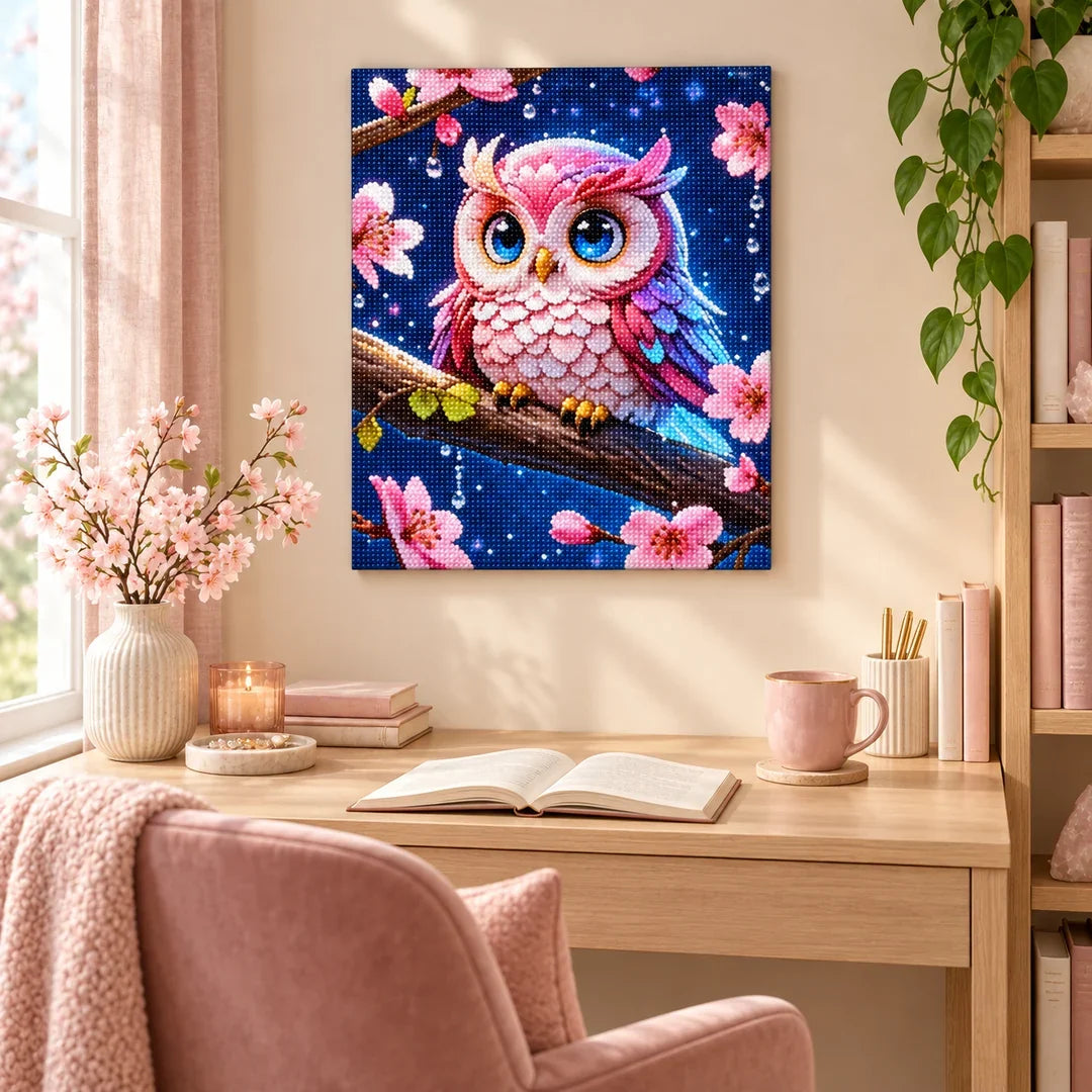 Pink Blossom Owl portrait diamond painting displayed in a coordinated room