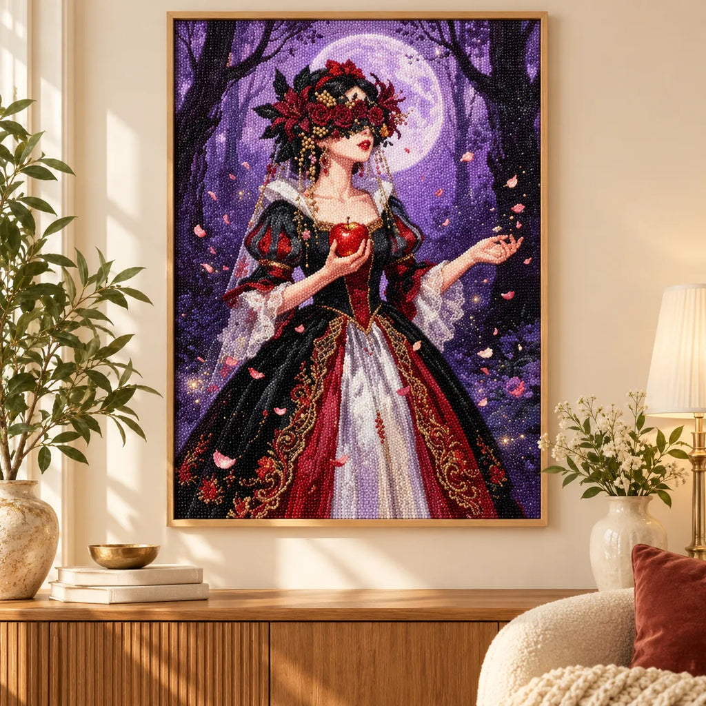 Purple moon rose bride diamond painting displayed as home decor