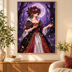 Purple moon rose bride diamond painting displayed as home decor