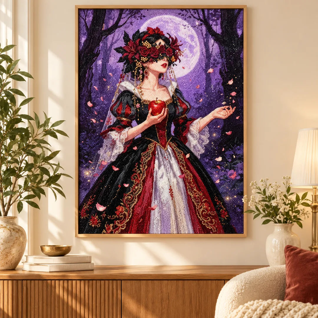 Purple moon rose bride diamond painting displayed as home decor