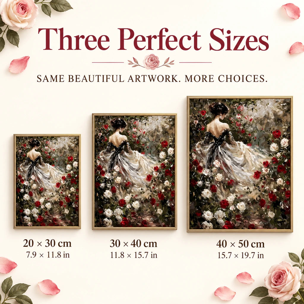 Three canvas sizes for the ivory gown and rose garden diamond painting: 20 by 30, 30 by 40, and 40 by 50 cm