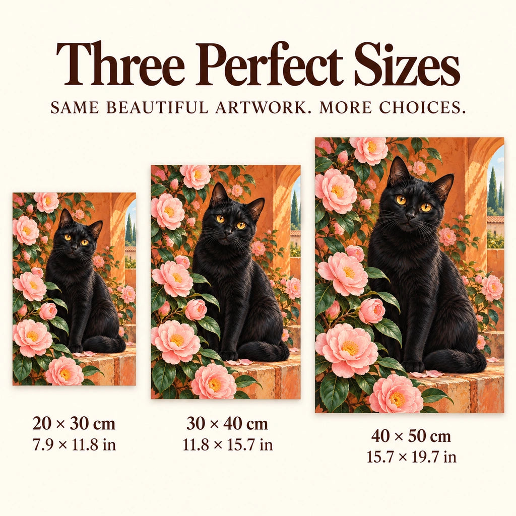 Black cat among pink camellias: three available canvas sizes