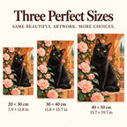 Black cat among pink camellias: three available canvas sizes