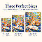 Orange tabby reading by a sunny window: three available canvas sizes