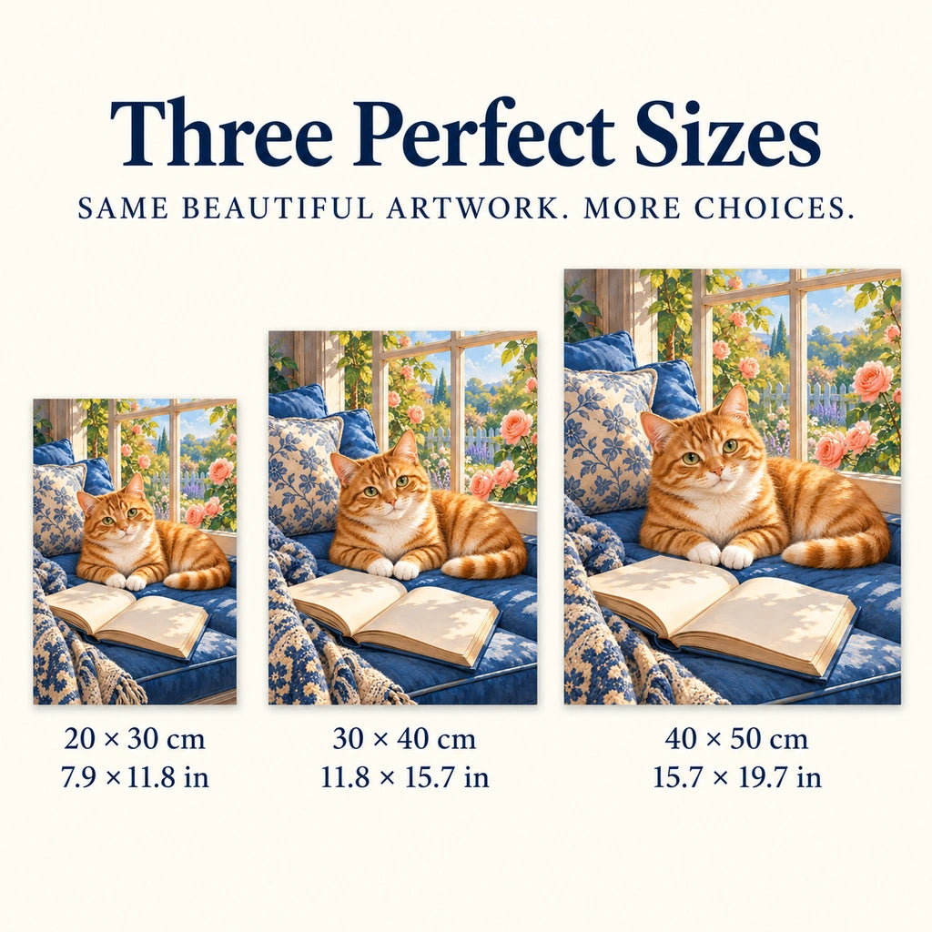 Orange tabby reading by a sunny window: three available canvas sizes
