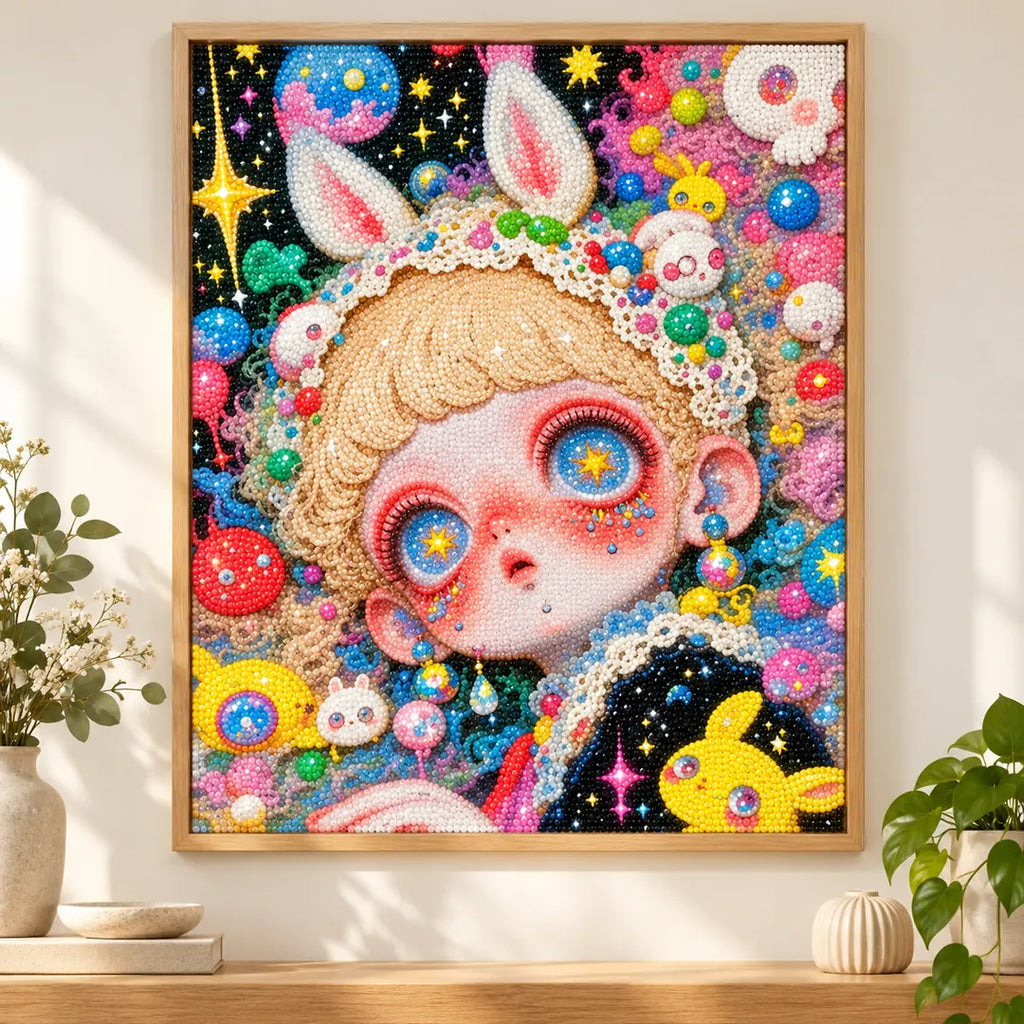 The starry bunny girl diamond painting displayed as framed wall decor in a home setting
