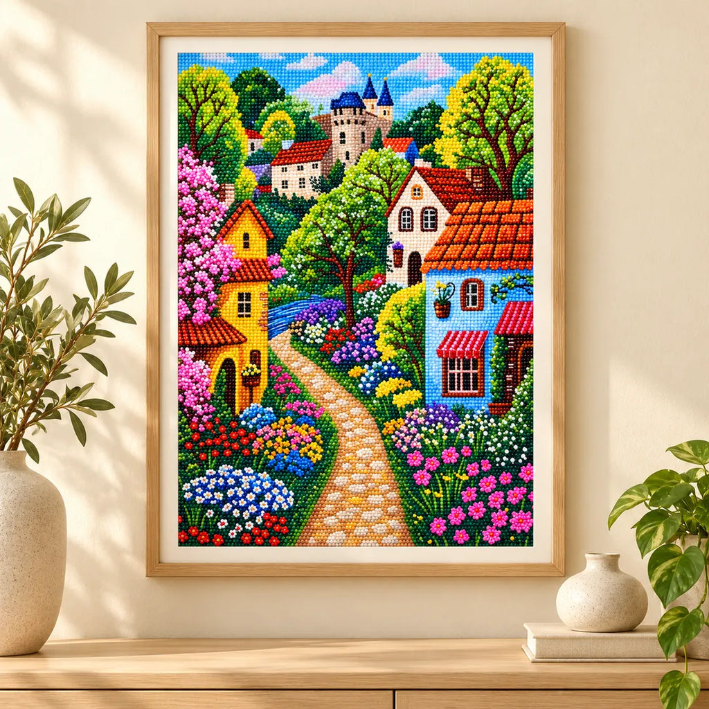 The village lane pink blossoms diamond painting displayed as framed wall decor in a home