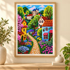 The village lane pink blossoms diamond painting displayed as framed wall decor in a home