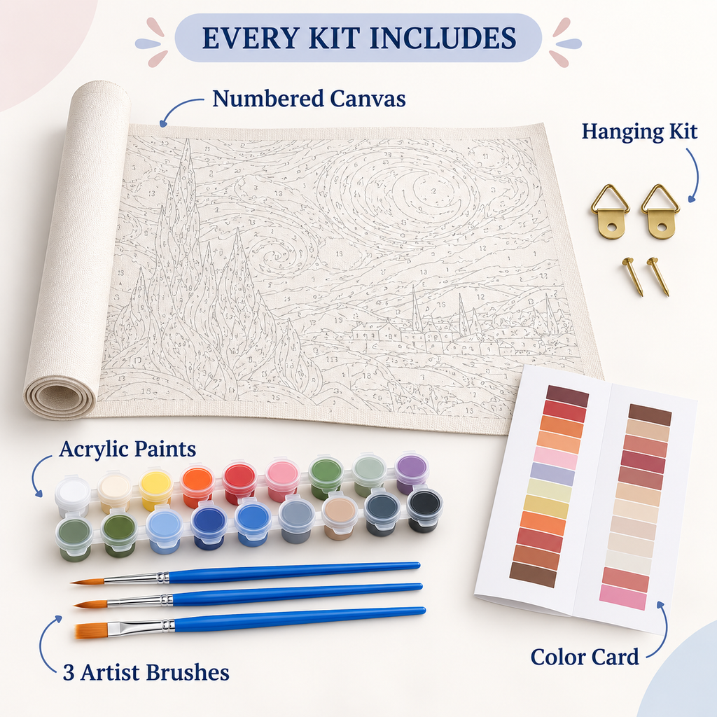 Every Kit Includes for Winter Solstice Candle Window Paint by Numbers Kit: numbered canvas, hanging kit, acrylic paints, color card, and three artist brushes.