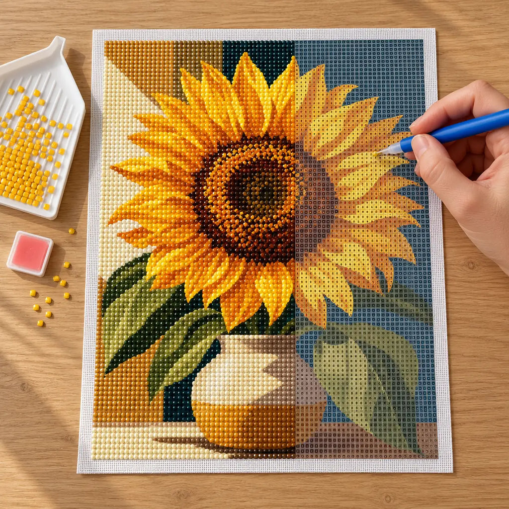 Hands-on painting process for Radiant Sunflower Glow Diamond Painting Kit