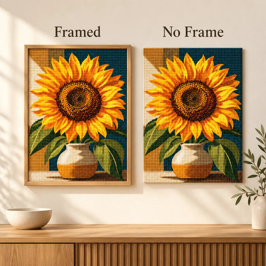 Framed and no-frame comparison for Radiant Sunflower Glow Diamond Painting Kit