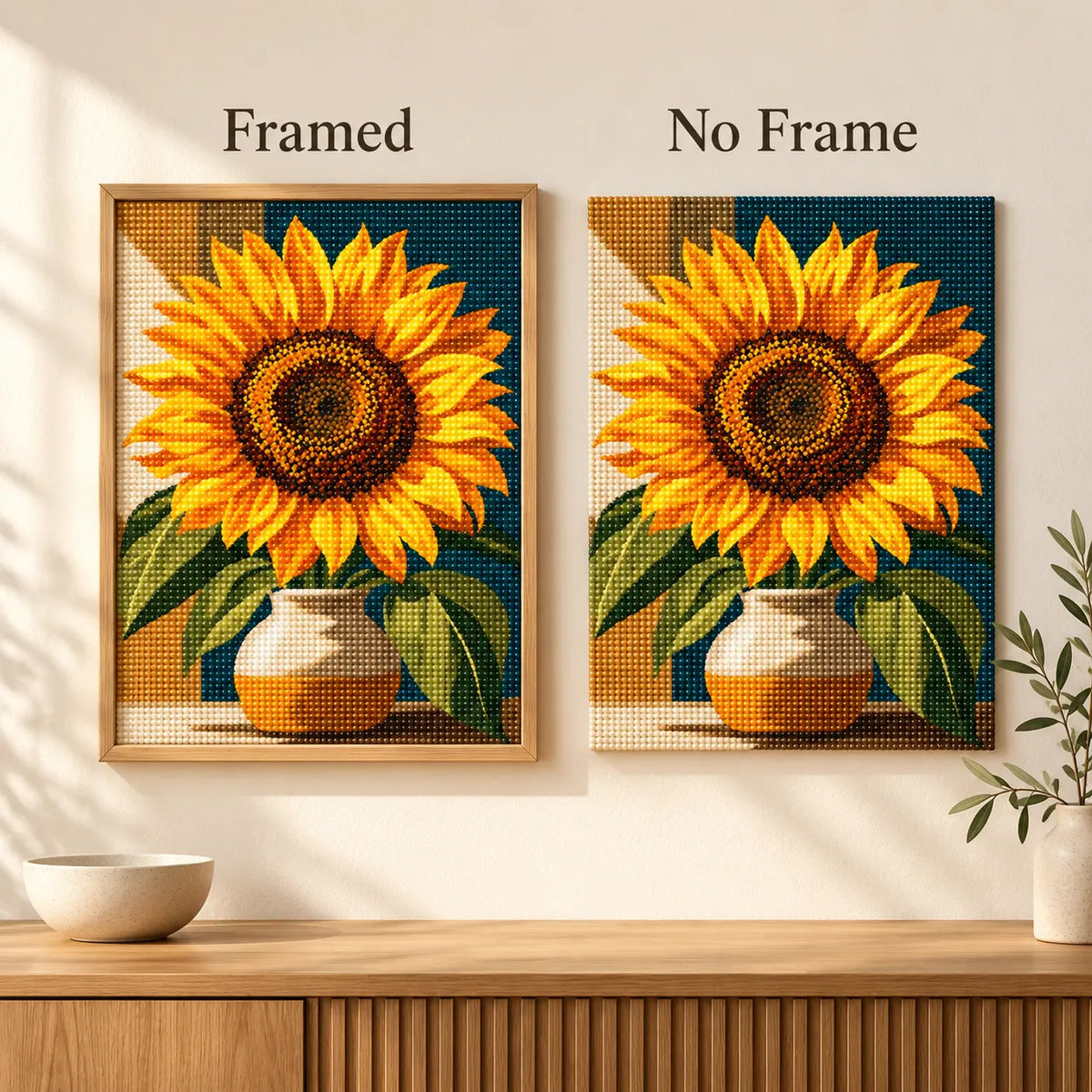 Framed and no-frame comparison for Radiant Sunflower Glow Diamond Painting Kit