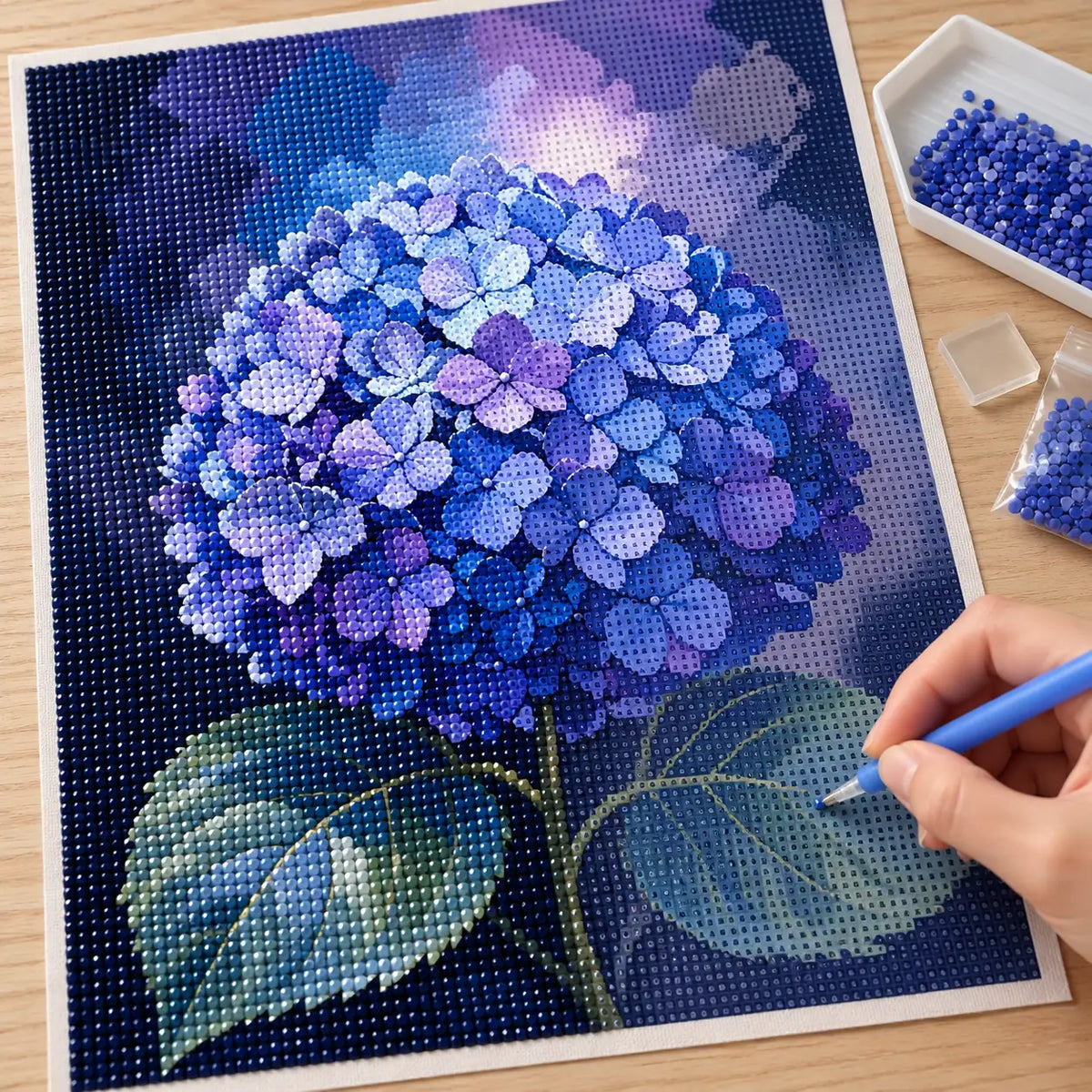 Hands-on painting process for Blue Bloom Sphere Diamond Painting Kit