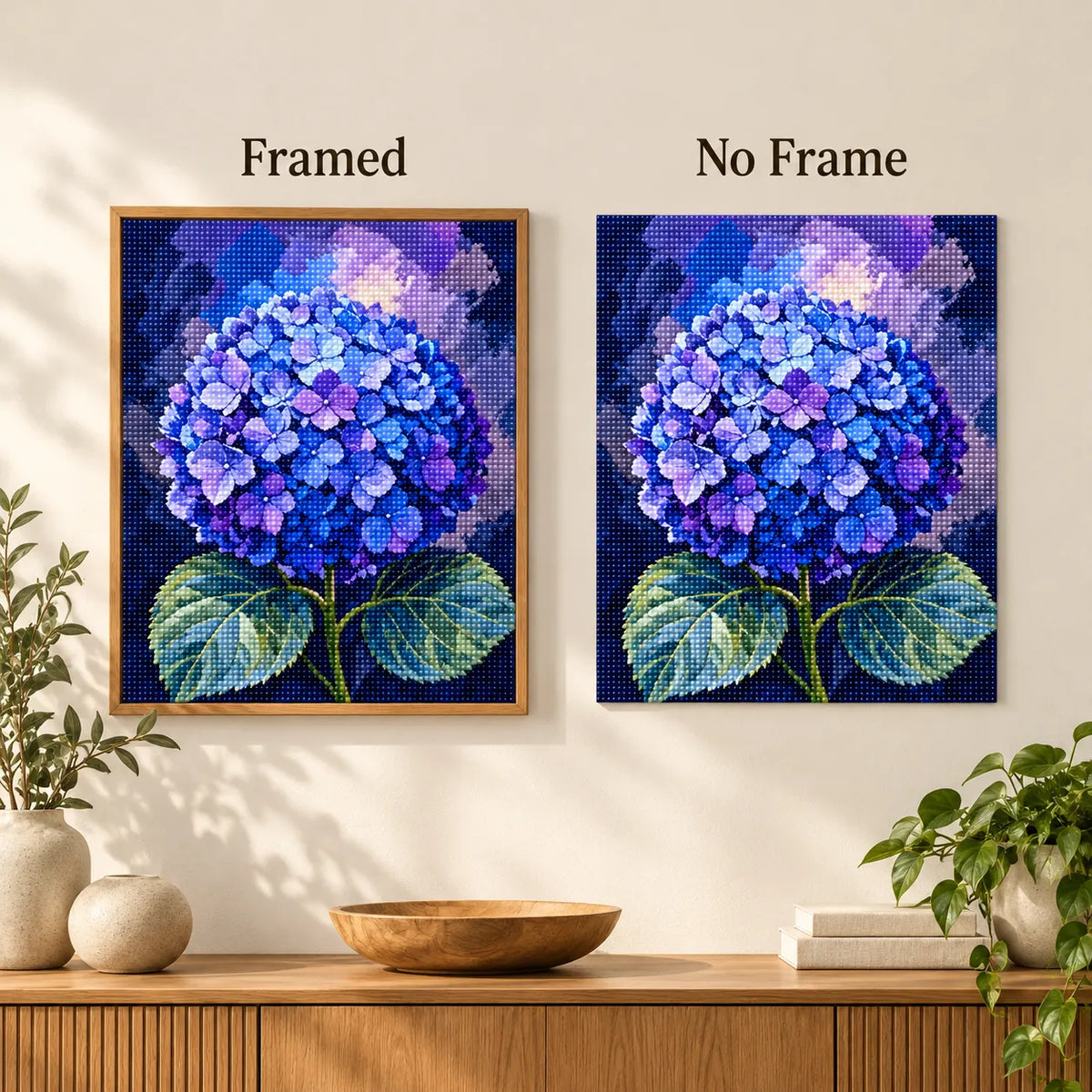Framed and no-frame comparison for Blue Bloom Sphere Diamond Painting Kit