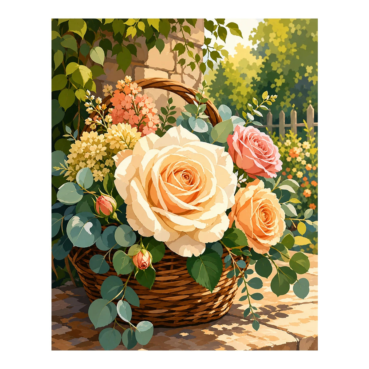 Original artwork for Golden Rose Basket Diamond Painting Kit on a white background