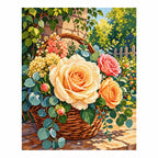Completed diamond painting for Golden Rose Basket Diamond Painting Kit on a white background