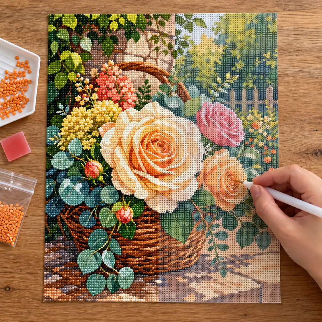 Hands-on painting process for Golden Rose Basket Diamond Painting Kit
