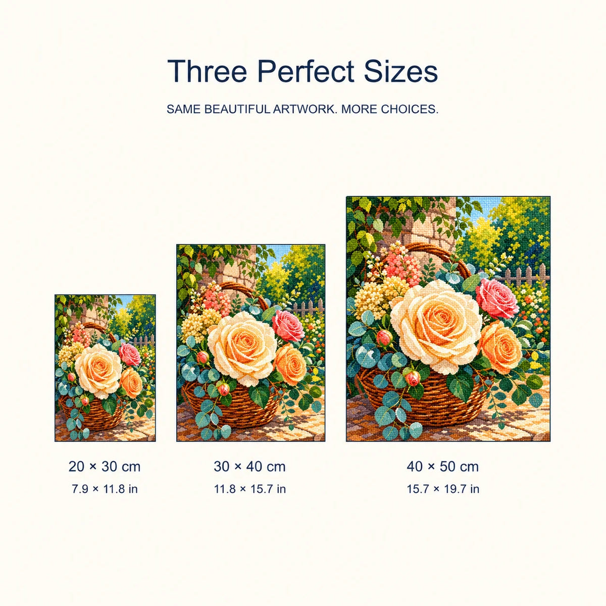 Size guide for Golden Rose Basket Diamond Painting Kit