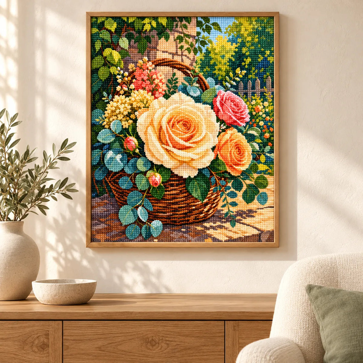 Home decor scene for Golden Rose Basket Diamond Painting Kit