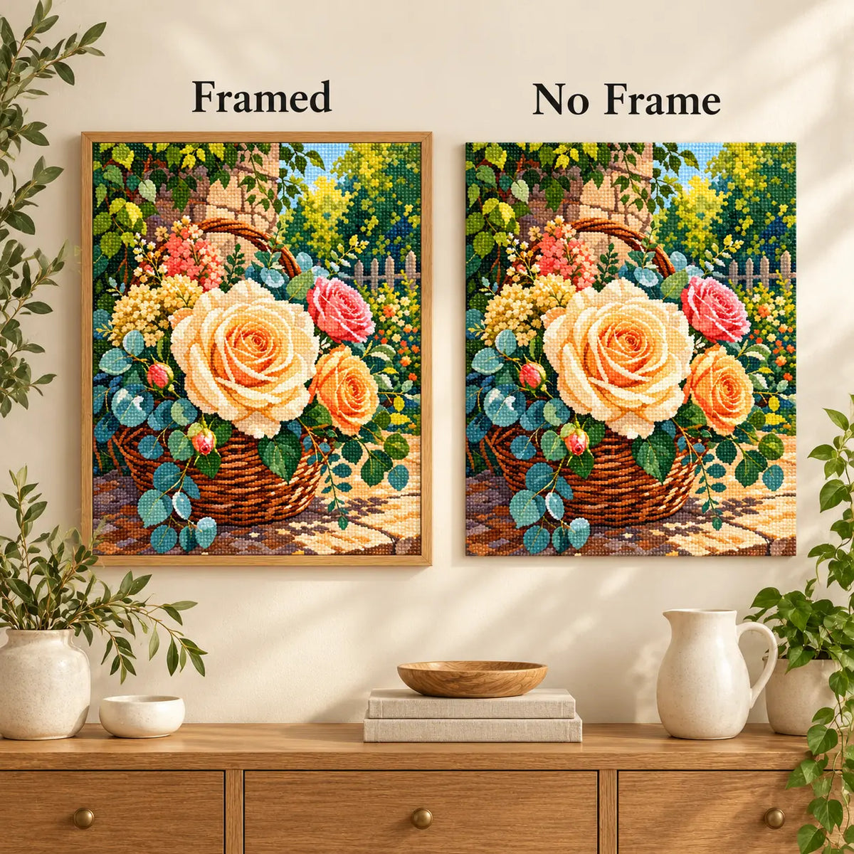Framed and no-frame comparison for Golden Rose Basket Diamond Painting Kit