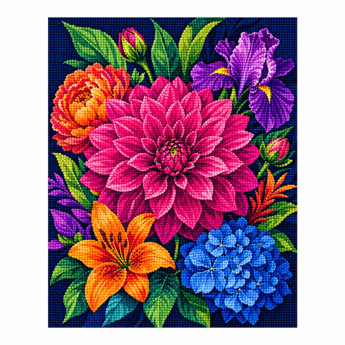 Completed diamond painting for Vibrant Garden Bloom Diamond Painting Kit on a white background