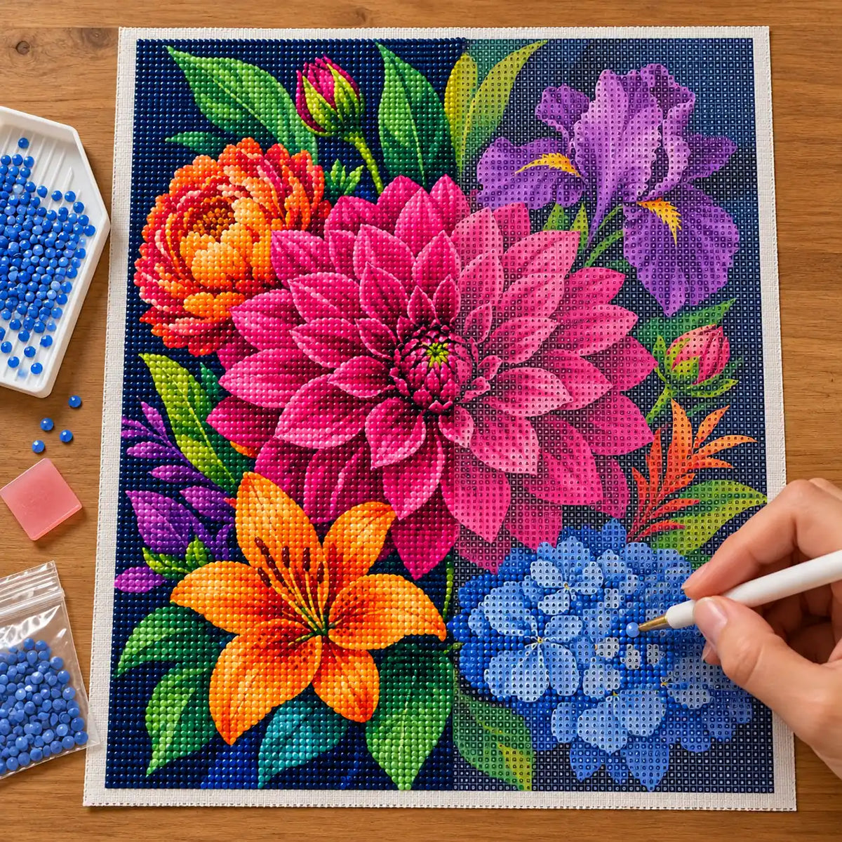 Hands-on painting process for Vibrant Garden Bloom Diamond Painting Kit