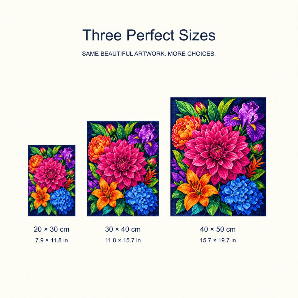 Size guide for Vibrant Garden Bloom Diamond Painting Kit