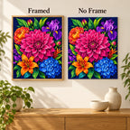 Framed and no-frame comparison for Vibrant Garden Bloom Diamond Painting Kit