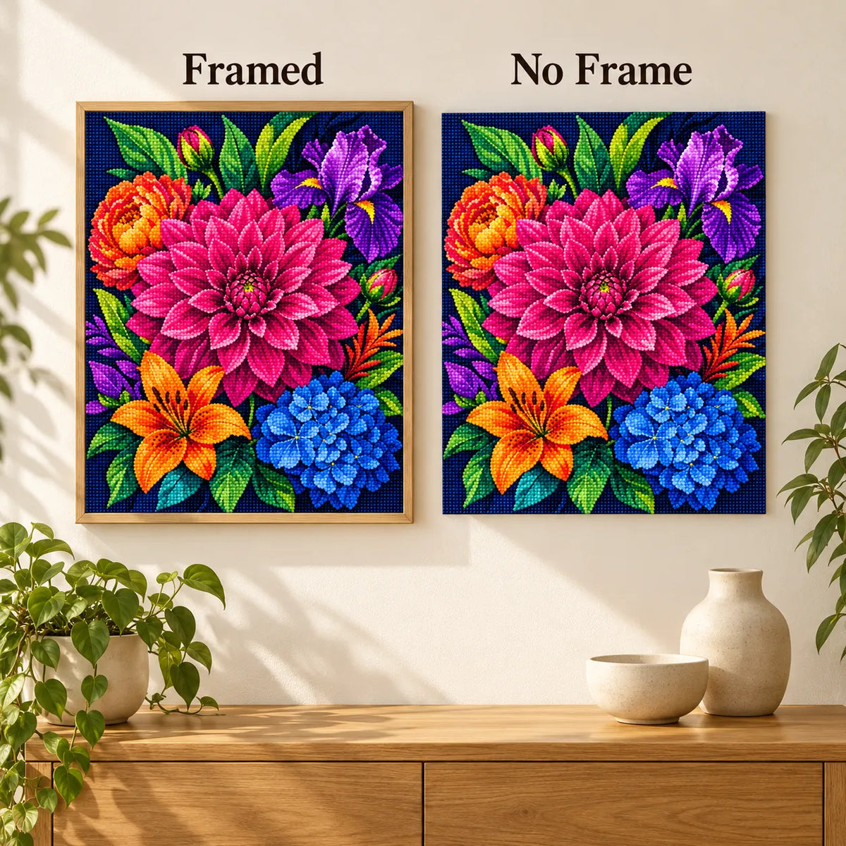 Framed and no-frame comparison for Vibrant Garden Bloom Diamond Painting Kit