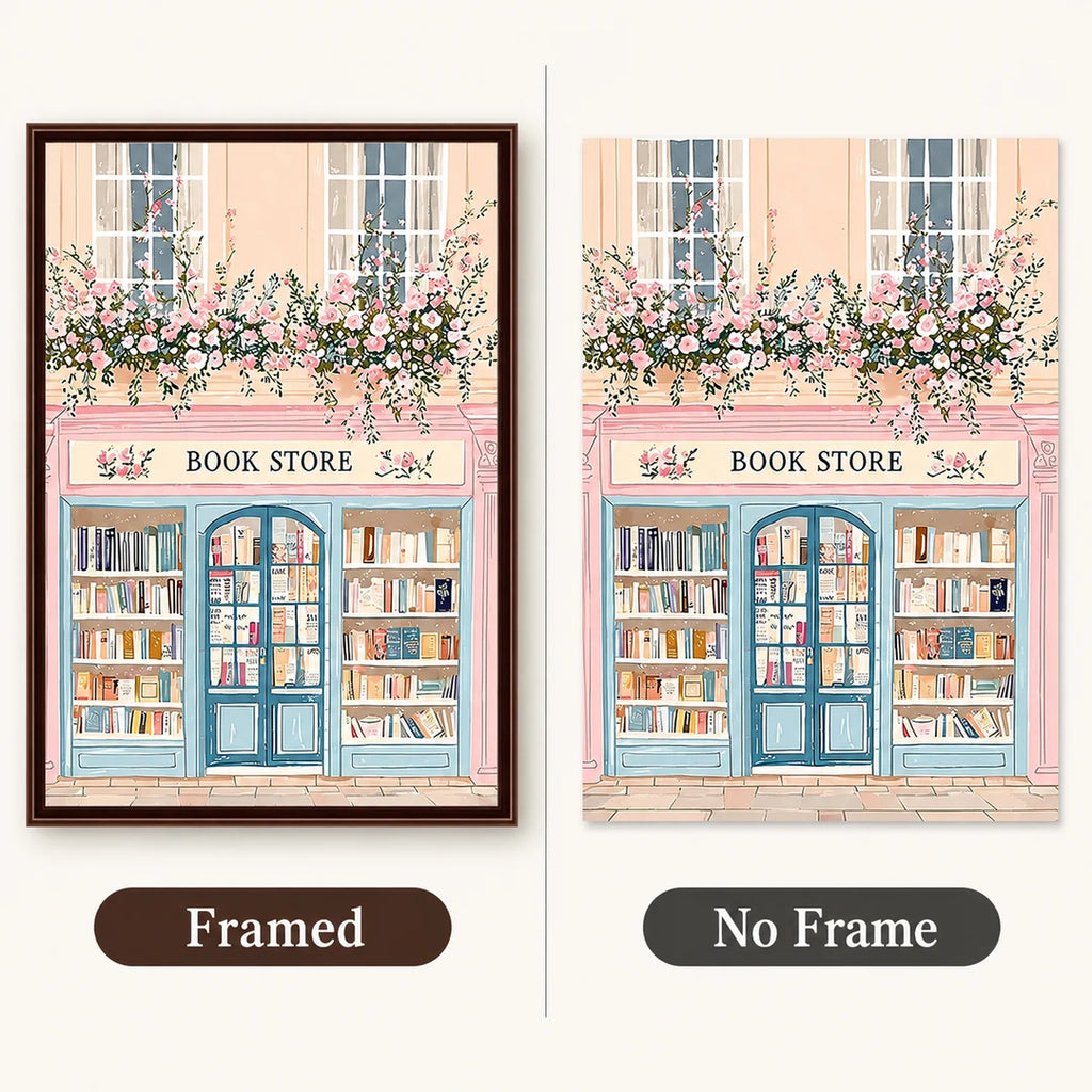 Framed and no-frame bookshop canvas style comparison, diamond painting kit
