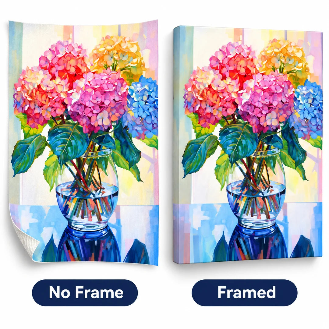 Pastel hydrangea diamond painting No Frame and Framed comparison