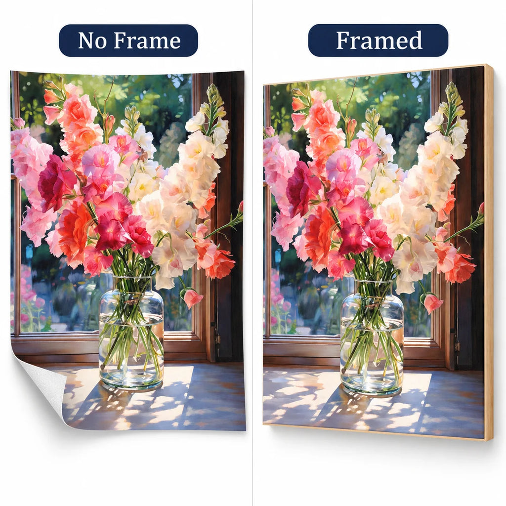 Gladiolus window diamond painting No Frame and Framed comparison
