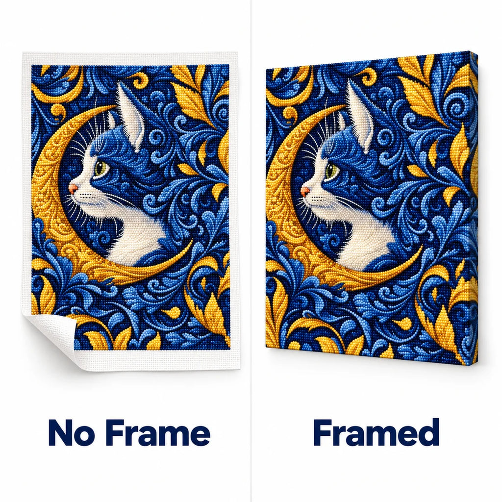 Celestial Moon Cat No Frame and Framed comparison