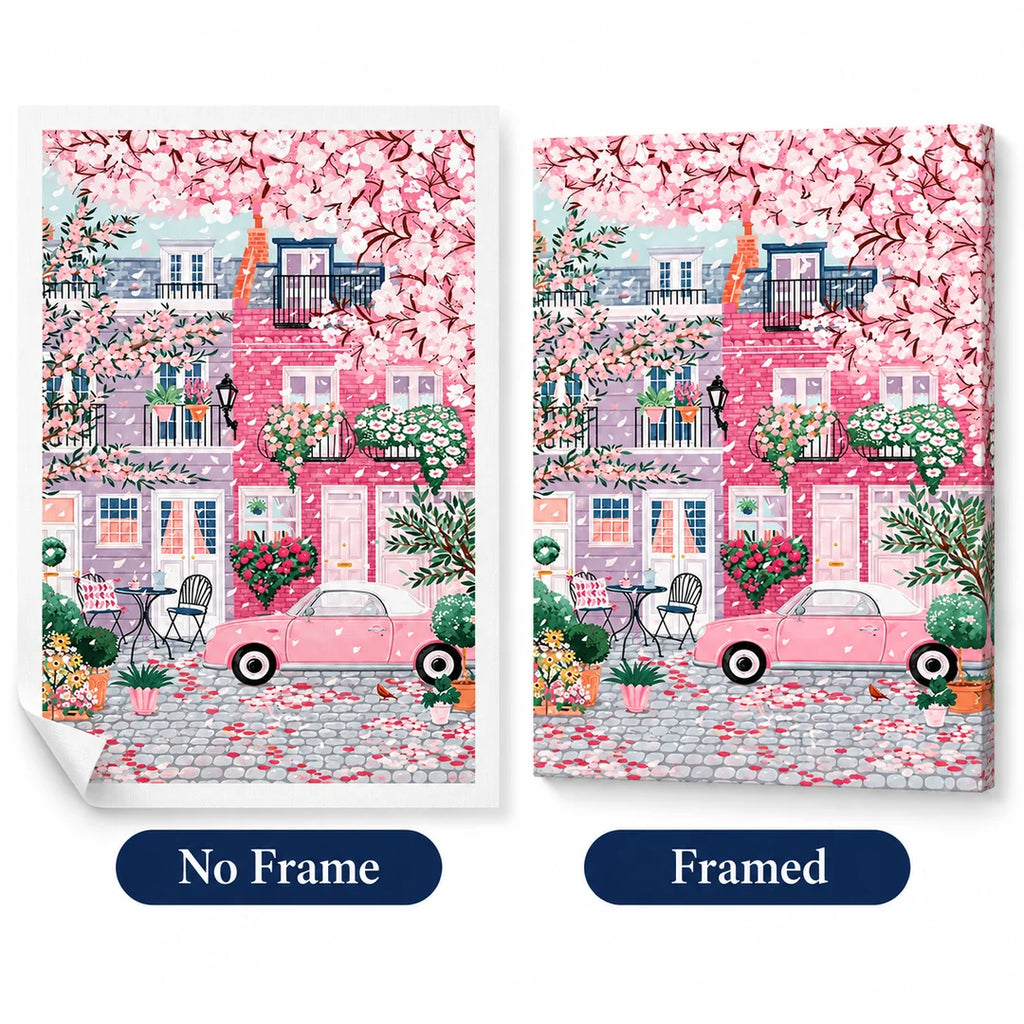 Loose and stretcher-framed cherry blossom canvas comparison, diamond painting kit
