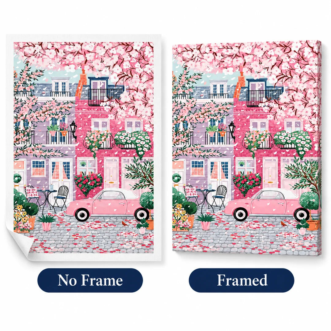 Loose and stretcher-framed cherry blossom canvas comparison, diamond painting kit