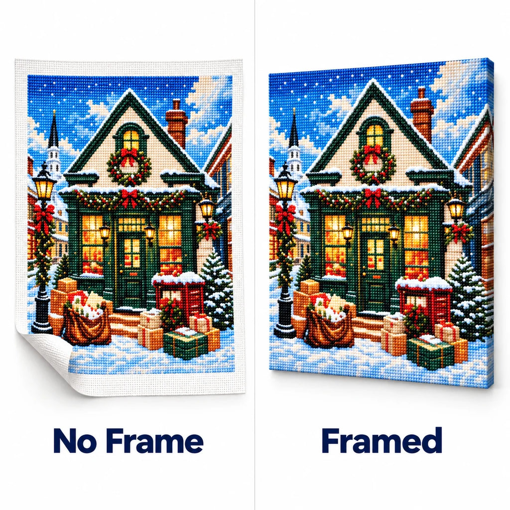 Cozy Christmas Cottage No Frame and Framed comparison