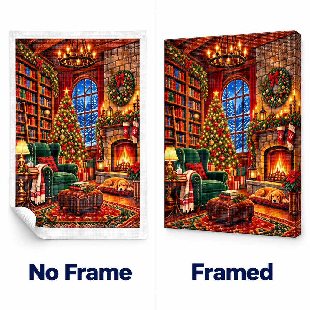 Cozy Christmas Library No Frame and Framed comparison