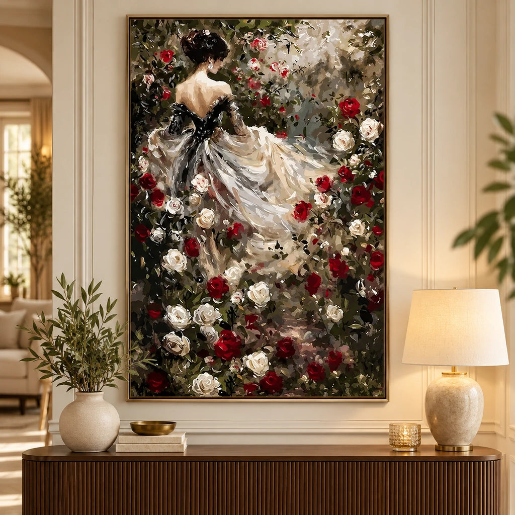 Ivory gown and red rose garden diamond painting displayed in a framed home setting