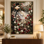 Ivory gown and red rose garden diamond painting displayed in a framed home setting