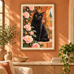 Black cat among pink camellias: displayed as home wall decor