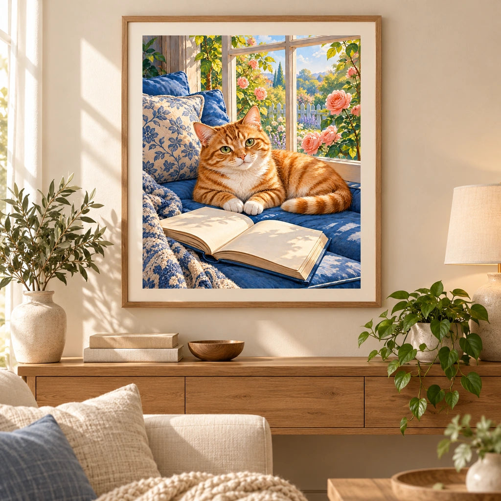 Orange tabby reading by a sunny window: displayed as home wall decor