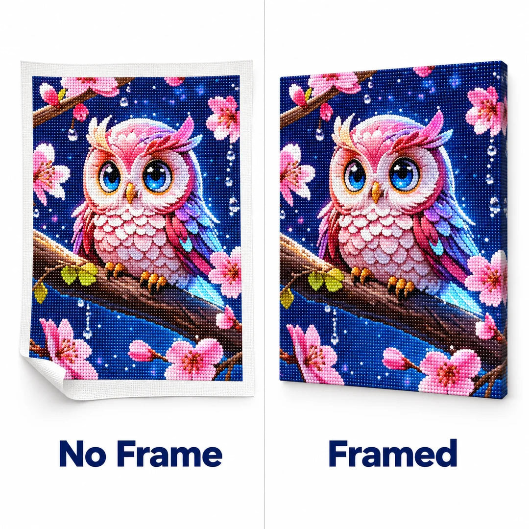 Pink Blossom Owl No Frame and Framed comparison