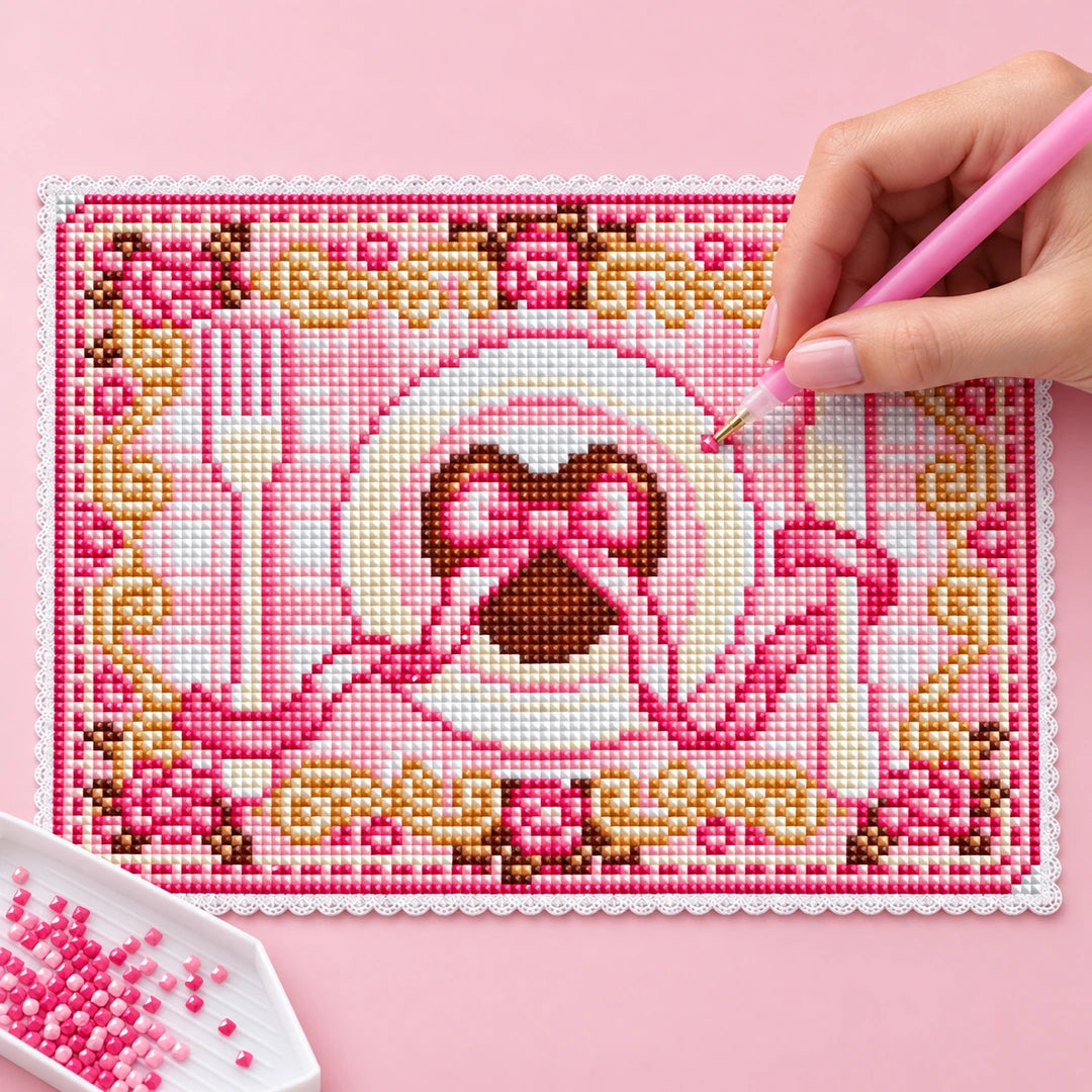 Hand placing a resin drill on the pink diamond painting placemat