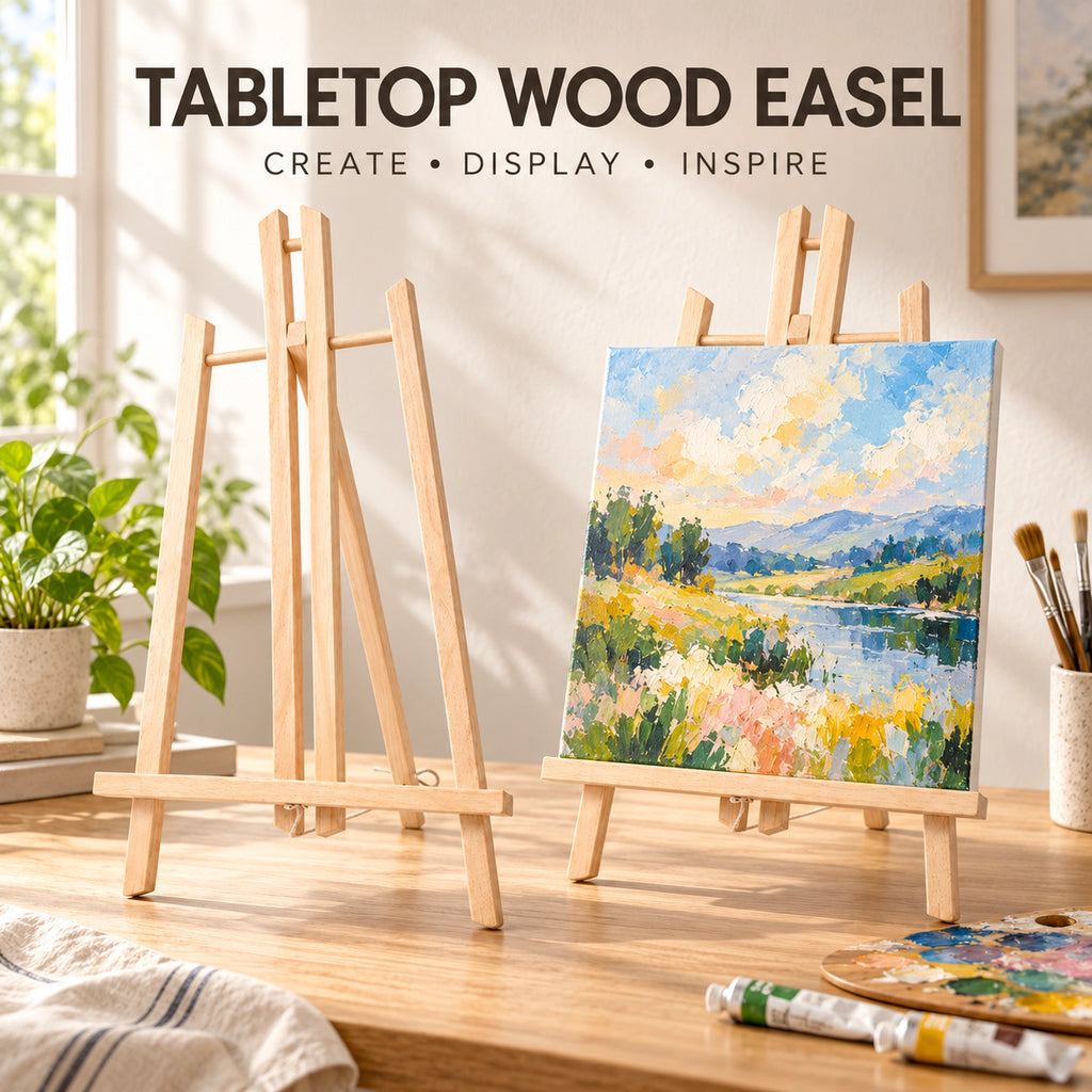 Wooden tabletop easel displayed in a bright art studio