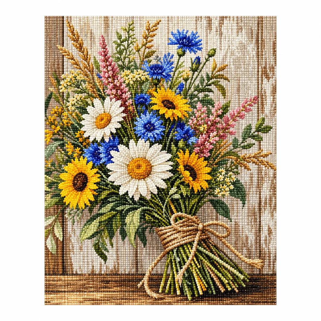 Completed diamond painting for Rustic Wildflower Bouquet Diamond Painting Kit on a white background