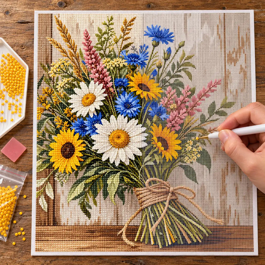 Hands-on painting process for Rustic Wildflower Bouquet Diamond Painting Kit