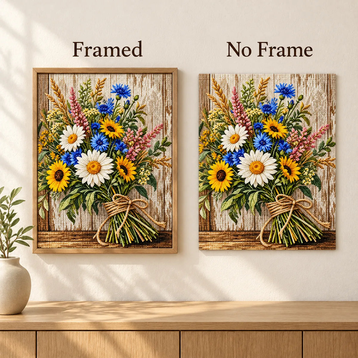 Framed and no-frame comparison for Rustic Wildflower Bouquet Diamond Painting Kit